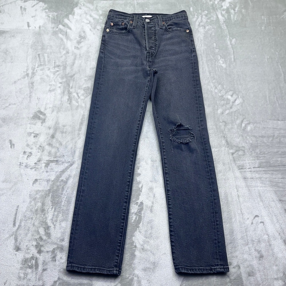 Levi's Wedgie Straight Black Btn Fly Distressed Ripped Jeans Women Sz 26 Fit 24"